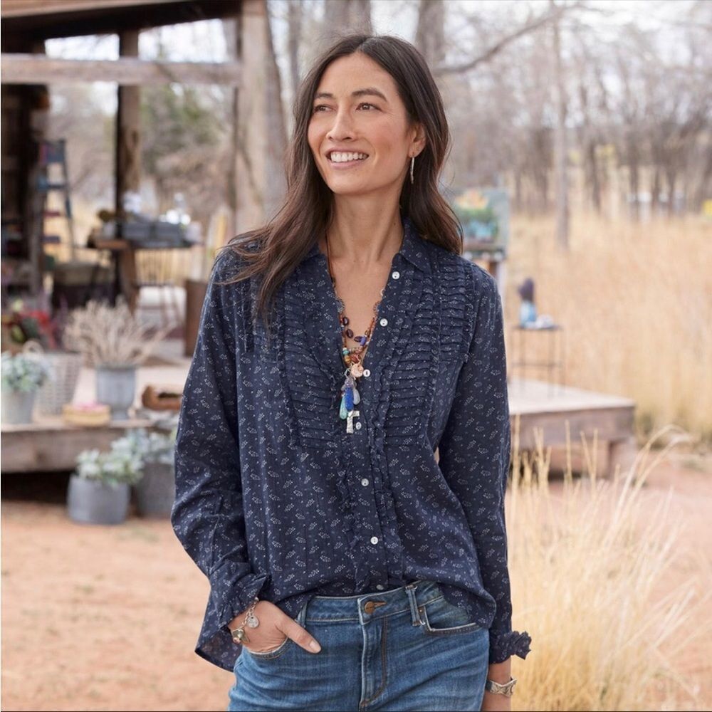 SUNDANCE | Nola Button Down Printed Shirt Navy Blue & White Women’s Size X-Small